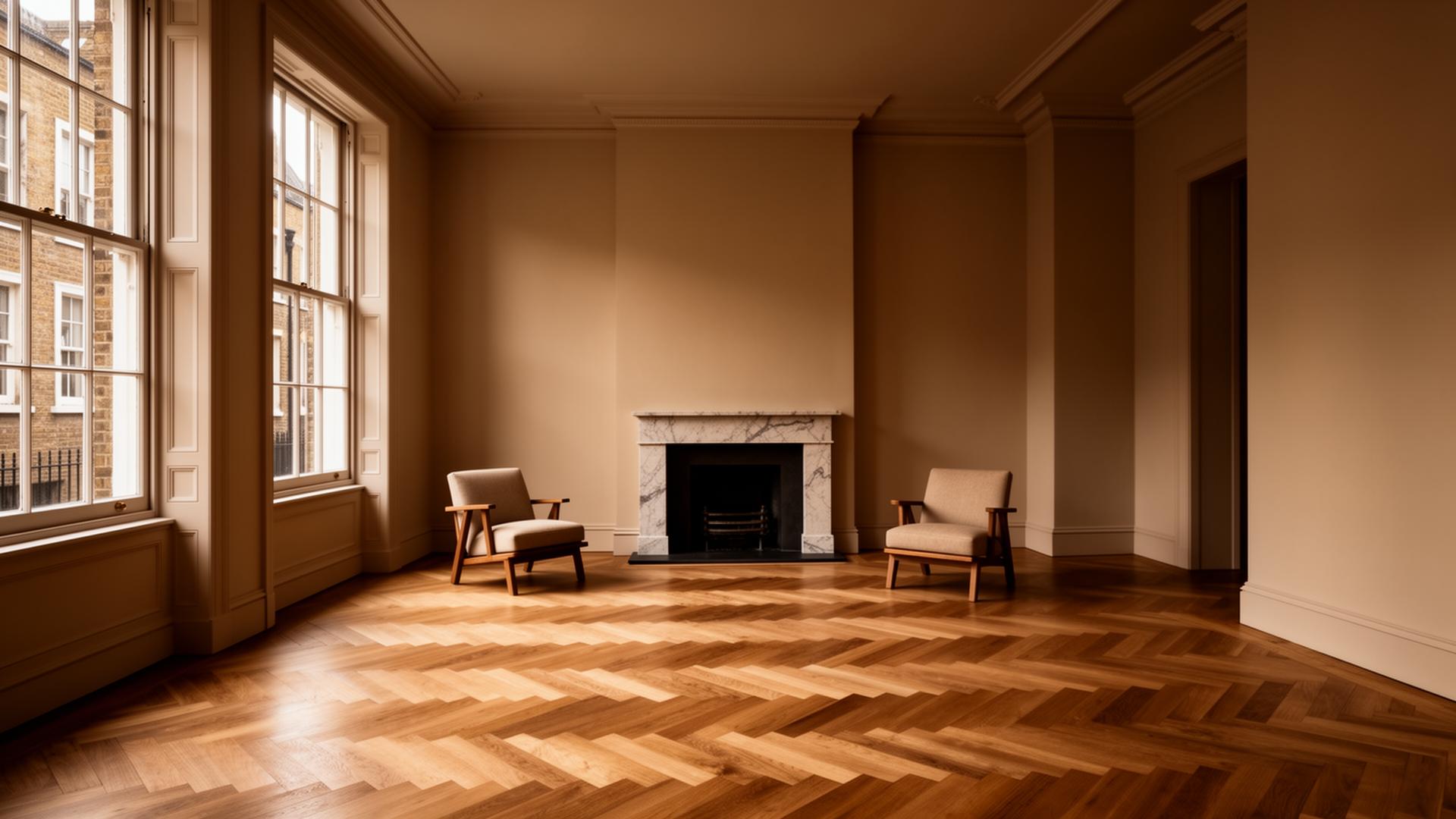 Luxury London townhouse interior with herringbone floors and marble fireplace